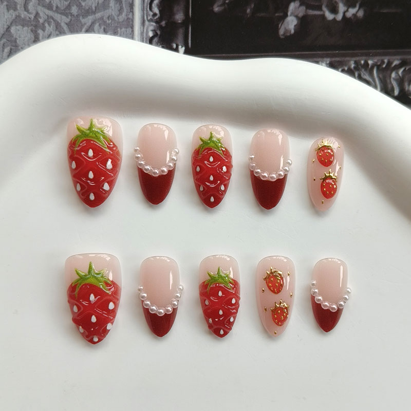 Nail Art Strawberry - 10 pares de unhas postiças femininas,