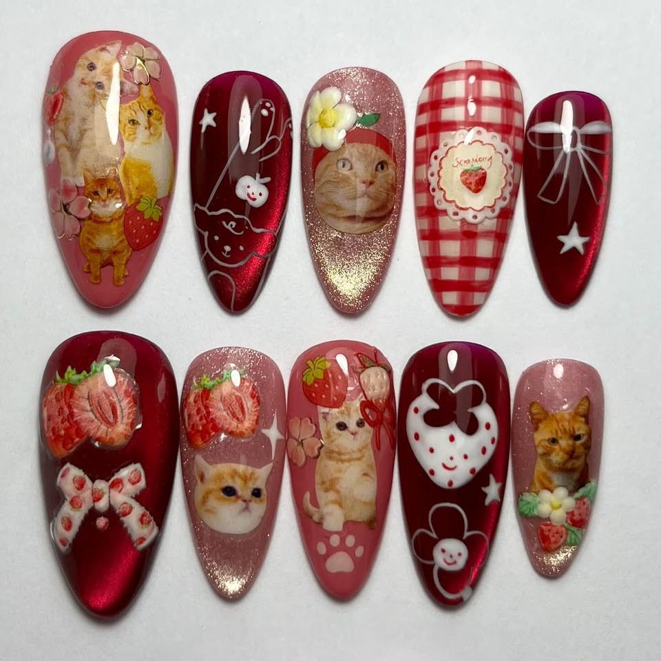 Nail Art Strawberry - 24 pçs morango olho de gato