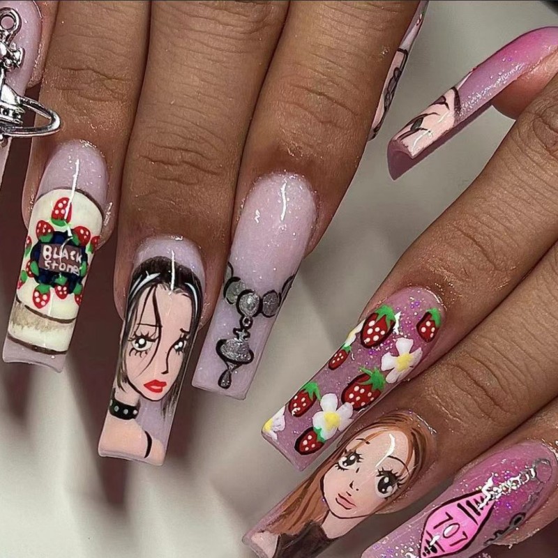 Unhas postiças médias e longas - Nail Art Strawberry avaliação e preço